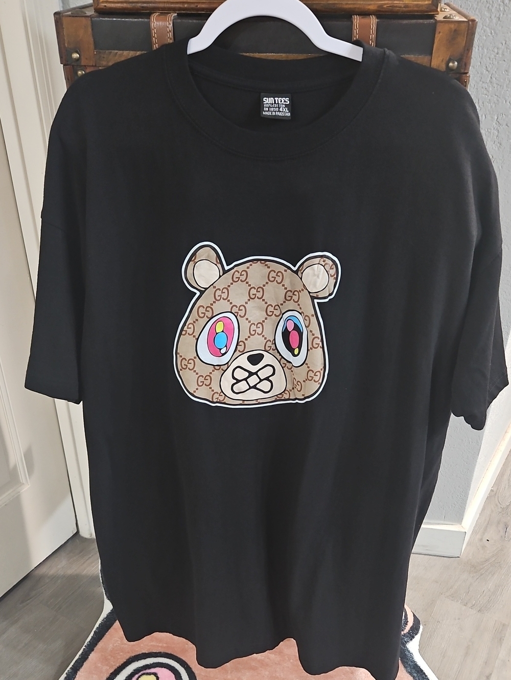Black Graphic Tee with Lux  Monogram Bear Patch
